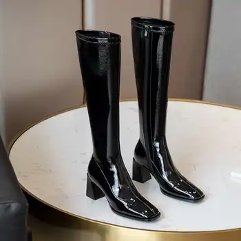 Krazing Lonec kvadratni toe visoke pete zimske čevlje Evropski stil enostavno oblikovanje trdne mlada dama toplo osnovne kolena-visoki škornji L8f0
