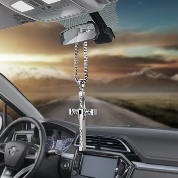 Kristali Kovinski Krščanski Križ Moto Avto Rearview Mirror Dekoracijo Viseči Okras Auto Notranjo Opremo Obesek Za Avto Križ