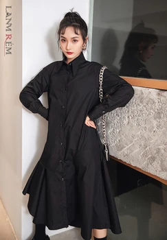 LANMREM 2021 jeseni mode novo črno street nositi asimetrične zavoj navzdol ovratnik mid-tele dolžino majica slog žensk obleko 2A649