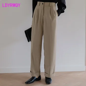 [LDYRWQY] Širok noge, ženska visoko pasu novi korejski divje obleko hlače Gumb Letenje Celotno Dolžino Poliester Širok Noge Hlače