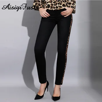 Leopard Natisniti Denim Črne Skinny Jeans Ženska Visoko Pasu Stretch Kavbojke Ženske Elastične Jeans Za Ženske Jean Taille Haute Femme