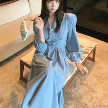 Letnik francoščina Visoko Pasu Modra A-Slim line Dolgo Obleko za Ženske Modni Priložnostne Vestidos Elegantno korejski Urad Dama Obleko Sukienka