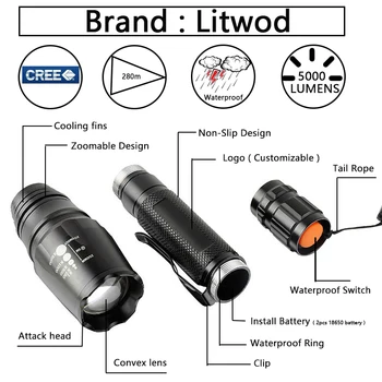 Litwod Z30V5 LED Svetilko, Baklo 5000 Lumen XM-L2/T6 Zoom Linternas Polnilnik Daljinski upravljalnik Lov Svetlobe samoobrambe