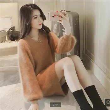 Luksuzni obleke, Puloverji moda za ženske korejski stil Oblačenja pletenje za womens tople puloverje Shaggy plašč Pleteni pulover B3963