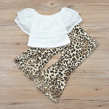 Malčka Baby Dekle Ruffle Off-ramo Čipke T-shirt Bluzo Vrhovi+Leopard Tiskanja Hlače Srčkan Bombaž Priložnostne Obleke 1-6T