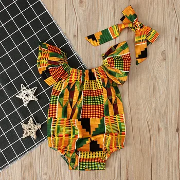 Malčka Newborn Baby Dekleta Bodysuits Afriške Natisniti Ramenski Bodysuits +Glavo Nastavite 2pcs Dojenčka Obleke Jumpsuit Oblačila
