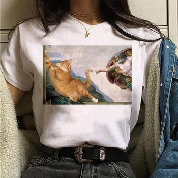 Mačka Van Gogh majica s kratkimi rokavi ženske umetnosti tiskanja oljna slika, lepa in smešno t-shirt 90. letih risanka ulzzang priložnostne top majica s kratkimi rokavi ženske