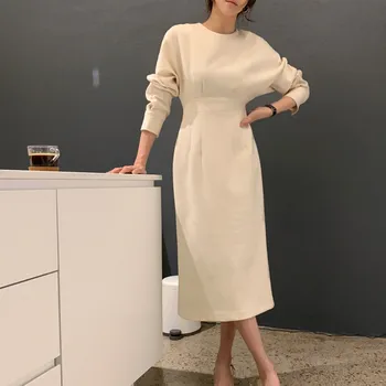 Minimalističen Maxi Obleka Ženske Nove Jesensko Zimske Dno Moda Obleko Elegantno OL Dolg Rokav Paket Hip Obleke Belo Obleko