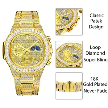 MISSFOX Človek luksuzni Watch Ice Zlato Celoten Diamond Kvadratnih Ročne Dvojno Številčnico Kronograf Nepremočljiva Ure Mens 2020 Nova