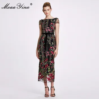MoaaYina Modni Oblikovalec obleko Pomlad Poletje Ženske noše Kratek rokav Paket zadnjico Očesa Vezenje Vintage Obleke