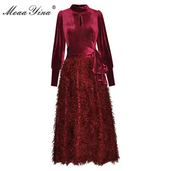 MoaaYina Modni Oblikovalec obleko Pomlad Ženske Obleka Luč Rokav čipke-up Mozaik Tassel Elegantne Obleke