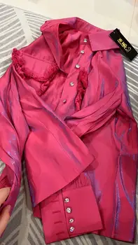 Moda Blusas Pomlad Jesen Elegantne Ženske Dolgo Rose Rese Bluzo Iskrico Plezati Priložnostne Majice, Vrhovi Plus Velikost Majice NS771