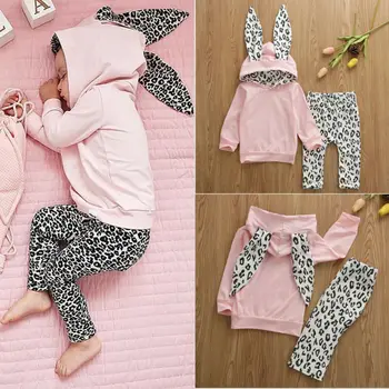 Moda Malčka Otroci Baby Girl Obleke, Kompleti Princesa Srčkan Zajec Ušesa Hooded Vrhovi +Leopard Dolge Hlače Pozimi Obleko Oblačila 1-4Y
