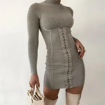 Moda Povoj Jeseni Ženske Bodycon Seksi Obleko Z Dolgimi Rokavi Suh 2020 Mini Obleke Solid Grey Osnovne Slim Ženske Vestidos