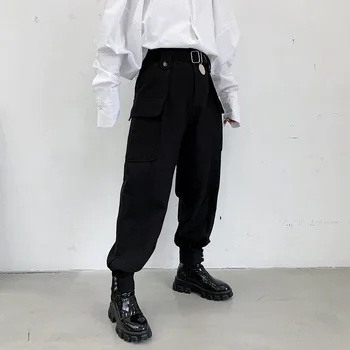 Moda za Moške Joggers Sopihanje Visok pas s Pasu Gleženj Odvisnih Hlače Tovor Žep Kovinski Disk Black Svoboden Hip Hop Techwear Dnu