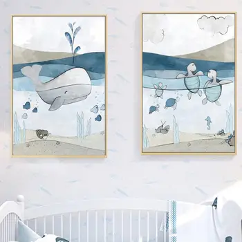 Modro Morje Kita Želve, Hobotnice Wall Art Platno Slikarstvo Risanka Nordijska Plakatov In Fotografij Stenske Slike Dekle, Fant, Otroci Soba Dekor