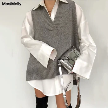 MosiMolly kul pletene telovnik pulover ženske, jeseni, pozimi skakalec v vratu, ohlapno pletene vrhovi tank puloverju loungewear