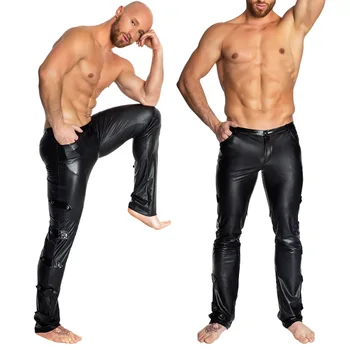 Moške Seksi Črna wetlook PVC latex spodnje perilo, moške usnjene hlače z zadrge Svinčnik Skinny Hlače iz lateksa dokolenke Erotično Gej Klub Obrabe