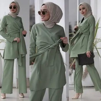 Muslimanski 2pecs Določa Ženske Plus Velikost Abaya Dubaj Čipke-up Vrhovi Hlače tam kaftan Oman Pakistan, Turčija Afriške Islamska Oblačila Obleko
