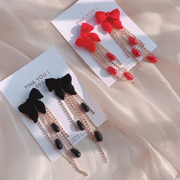 MWSONYA Moda Koreja Elegantno Črno Rdeče Mah Bowknot Uhani za Ženske Dolgo Nosorogovo Verige Pearl Tassel Visijo Nakit Darilo