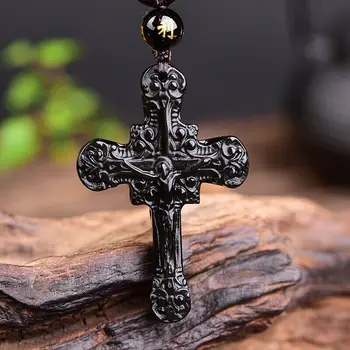 Naravni Črni Obsidian Križ Obesek Kroglice Ogrlica Čar Nakit, Modni Dodatki, Ročno Izrezljano Jezus Amulet Darila za Ženske