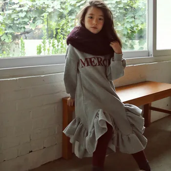 Nova Jesen Zima Dekle Obleke Long Sleeve Hooded Obleko za Najstnike Priložnostne Pismo Tiskanja Otroci Oblačila Ruffles Princesa Obleko