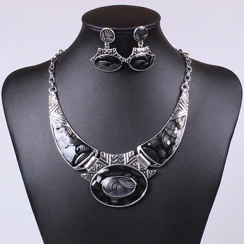Nova Moda Antique Silver Letnik Emajl Nakit Sklopov Geometrijske Ogrlico iz Uhani za Ženske brez Niklja Collares Grandes