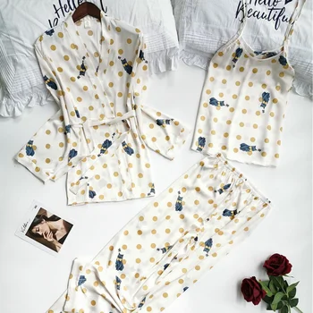 Novo 3 Kosov Pyjama Nastavite 2020 Žensk Pomlad Poletje Seksi Svileno Pižamo Določa Saten Spanja Obleko Luštna More Domov Oblačila Sleepwear