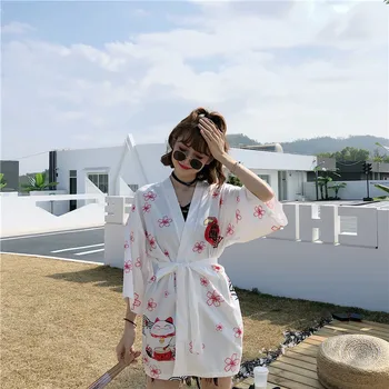 Novo Leto 2020 Bela Črna Srečen Mačka Svoboden Poletje Plaža Jopico Ženske Harajuku Japonski Kimono Style Vrhovi Bluzo Oblačila