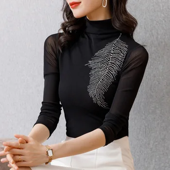 Novo leto 2020 Jeseni ženska tshirts modni Črno Turtleneck dolgo sleeved vroče-izvrtane očesa dno majica Plus velikost ženske oblačila