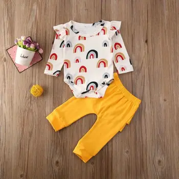 NOVO leto 2020 Novorojenih Otrok Baby Dekle Mavrica Oblačila Romper Ruffle Hlače, Dokolenke Obleko Set