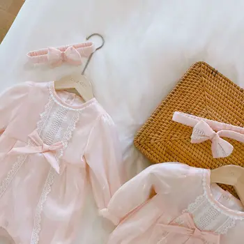 Novorojenček lepa princesa rojstni dan dolg rokav patchowork igralne obleke čipke lok trakovi bodysuits malčka dojenčke in otroke, otroška 0-24M