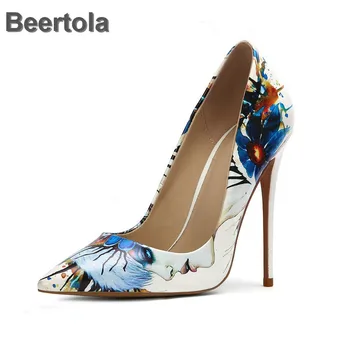 Oblikovalec ženske čevlje pigalle lady cvetlični visoke pete, črpalke dekle obraz tiskanje ženske stranka vino čevlji široko širina pete poročni čevlji