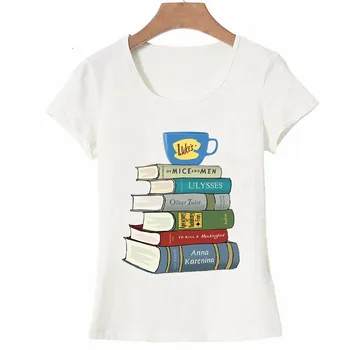 Obožujem Knjige In Mačka Tiskanja Ženske T-Shirt Letnik Srčkan Risanka T shirt Poletje Moda Kratek Rokav Beli Vrhovi Grafični Tees Ženska