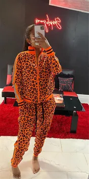 Oranžna Leopard Tiskanja Trenirka Ženske Oblačila Ujemanja Nizov Salon Nositi Dva Kosa iz Vrhu in Hlače Joggers Priložnostne Znoj Obleke