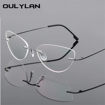 Oulylan Rimless Mačka Oči Titanove Zlitine Okvir Očal Moških Ultralahkih Očala Ženske Brez Okvirjev Očal Optični Kratkovidnost Okvir