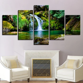 Platno HD Tiskanje Slik Wall Art Okviru Doma Dekor 5 Kosov Gozd, Jezero, Slap Slike Zeleno Naravno Krajino Plakati