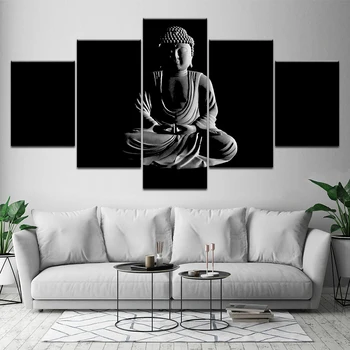Platno Slikarstvo črno in belo, Buda 5 Kosov Steno Umetnosti Slikarstva Modularni Zbirnik Poster Tiskanje za dnevni sobi Doma Dekor