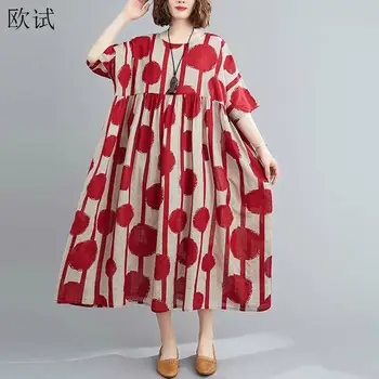 Plus Velikost Letnik Polka Dot Kuhamo Obleko Bombaž Priložnostne Ženske Obleke za Ženske, 4XL 5XL 6XL Haljo Femme Rdeče Dolgo Obleko 2020