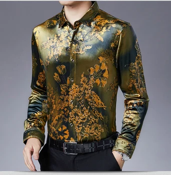 Plus Velikost Stretch Žamet Mens Majice Poletne Rože Srajce Za Moške Zelenega Zlata Jesen Bluzo Velur Mens Oblačila 2020 Dolgo Slee