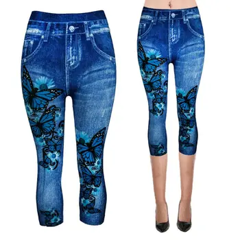 Plus Velikost Womens Ponaredek Jeans Capri Hlače Retro Pralno Barvo Metulj Denim Tiskanja Visoko Pasu Odrezana Elastične Nogavice XS-3XL