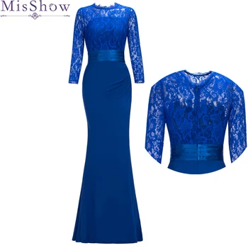 Poceni Kraljevsko modra Dolgo družico obleke 2020 pod $40 morska deklica Rokav Saten Čipke Poroko Gost Stranka Obleke Za Ženske