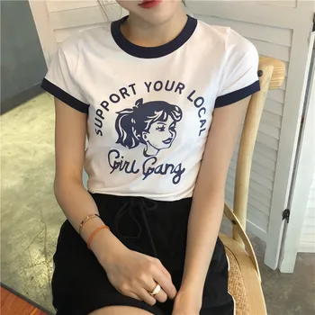 Podpora lokalnem dekle banda šivanje zabavno Bombaž O-vratu chic slim kratka sleeved moda risanka ženski Harajuku t-shirt