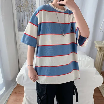 Poletje Japonski Modni Hit Barvne Trakove Tshirt Multicolor Mozaik Pol-Kratek Sleeved Modi Obleke, Moški Korejski Mladih Moških Vrh