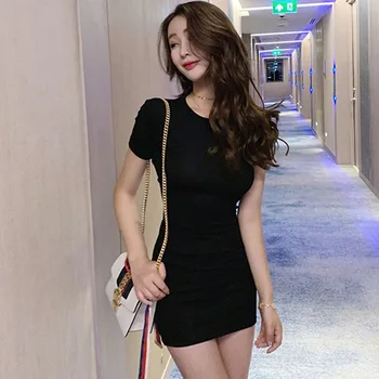 Poletje Oblačenja Žensk Bombaž Barva Kratkimi Rokavi Tshirt Obleke Ženska Seksi Bodycon Slim Priložnostne Obleko Vestidos Korejski 2019 1