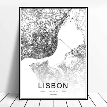 Portugalska Lizbona City Zemljevid Črne in Bele Povzetek Plakat Sodobne Umetnosti Tiskanja Dekorativne Platno Slikarstvo Dnevna Soba Umetnine