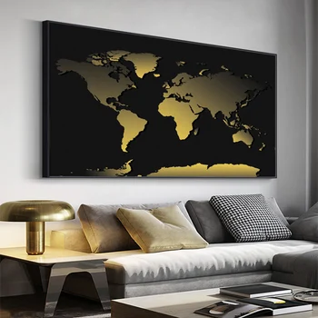 Povzetek Svetovni Zemljevid, Platno Slikarstvo Črno Zlato Zemljevid Sveta, Tisk Na Platno za Urad Soba Slika Wall Art Cuadros Dekor