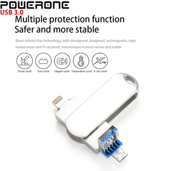 POWERONE 3 v 1, USB Flash Drive, kovinski vrtenja Pendrive 16GB 32GB 64GB 128GB 256GB usb3.0 U disk za iPhone /Android/Tablet PC