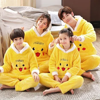 Pozimi Nekaj Družine Staršev Otrok Pajama nastavite Otrok Flanela Pižame Zgosti Hoodie Dolgo Oplaščeni Živali Panda Homewear