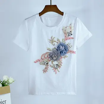 Pošlji običajno Bela majica s kratkimi rokavi Ženske Poletje Kratek Rokav 2020 nov Cvet Vezenje Velikosti T-shirt Bombaža Ženski top
